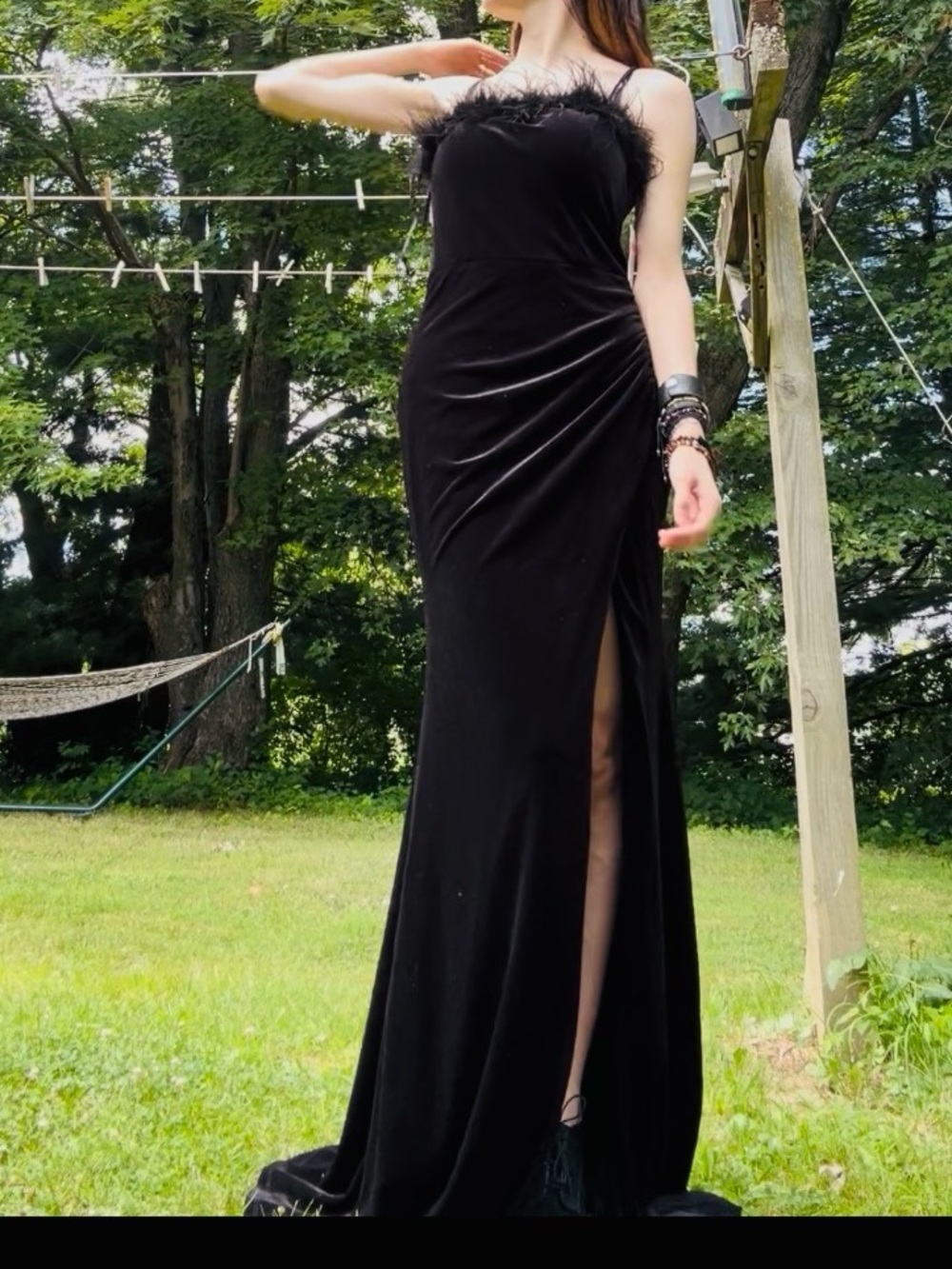 Black Velvet Fuzzy Neckline Maxi Goth Glam Prom Gown